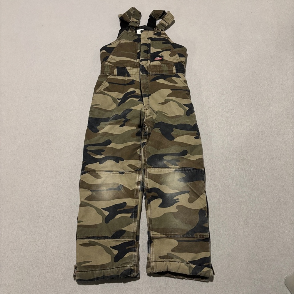 Dickies Kids Overalls Size Large Brown Double Knees Camo Quilted Fall Winter